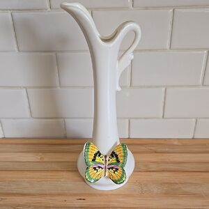 Vintage Japan White Ceramic Pitcher Vase with Butterfly Accent **